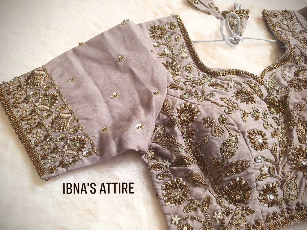 Designer Bridal Heavy Bead & Zari Handwork Readymade Saree Blouse | Taupe Mauve Pure Soft Cosmos Silk Sweetheart Neck Padded Blouse (Size 36)