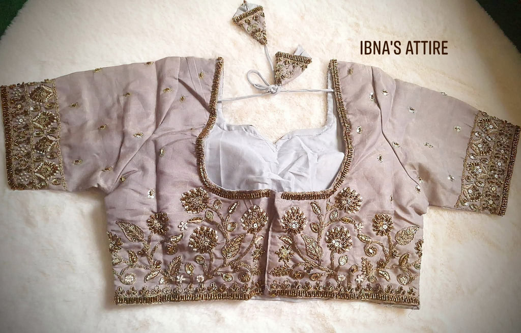 Designer Bridal Heavy Bead & Zari Handwork Readymade Saree Blouse | Taupe Mauve Pure Soft Cosmos Silk Sweetheart Neck Padded Blouse (Size 36)