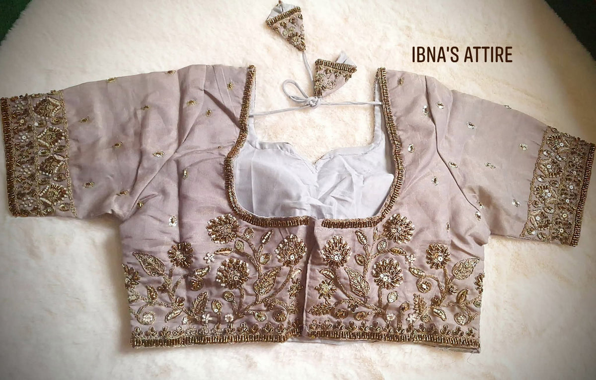 Designer Bridal Heavy Bead & Zari Handwork Readymade Saree Blouse | Taupe Mauve Pure Soft Cosmos Silk Sweetheart Neck Padded Blouse (Size 36)