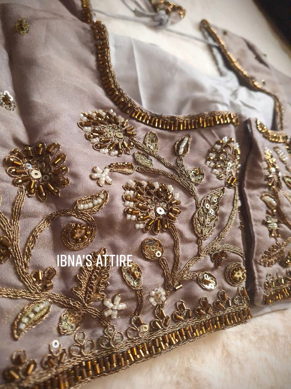 Designer Bridal Heavy Bead & Zari Handwork Readymade Saree Blouse | Taupe Mauve Pure Soft Cosmos Silk Sweetheart Neck Padded Blouse (Size 36)