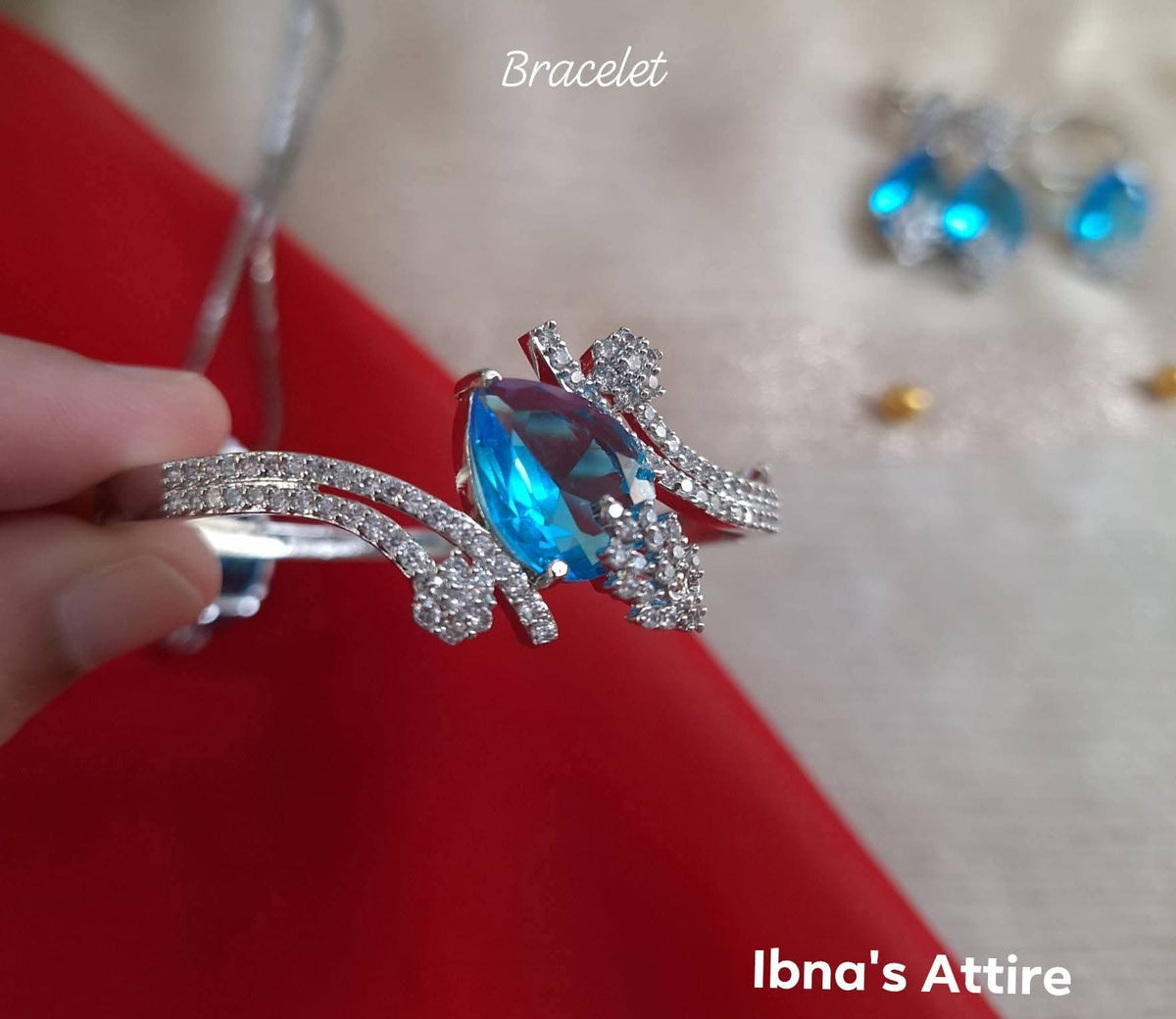 Rhodium Polish Aqua Blue Monalisa Stone & American Diamond 4-Piece Jewelry Set | Delicate Crystal Pendant Necklace, Bracelet, Earrings & Adjustable Ring
