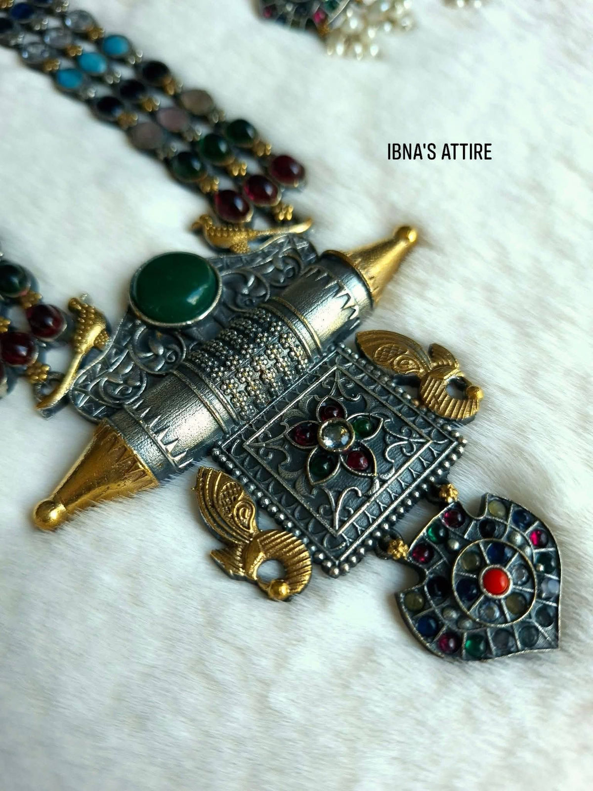 German Silver Multi-Color Gemstone Long Haram Necklace & Pearl Stud Earrings Set | Dual-Tone Antique Tribal Cylindrical Amulet Box Pendant Jewelry Set