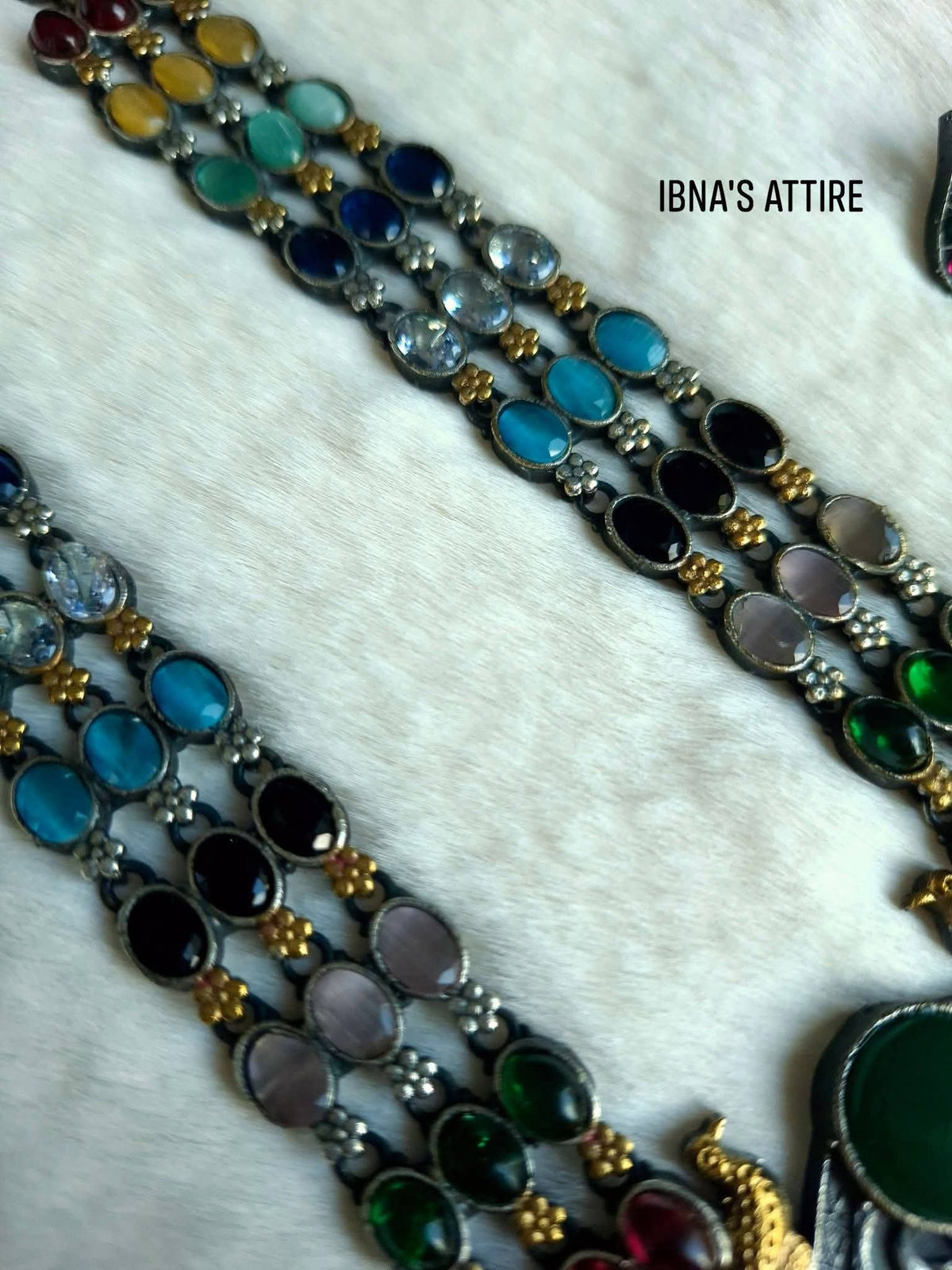German Silver Multi-Color Gemstone Long Haram Necklace & Pearl Stud Earrings Set | Dual-Tone Antique Tribal Cylindrical Amulet Box Pendant Jewelry Set