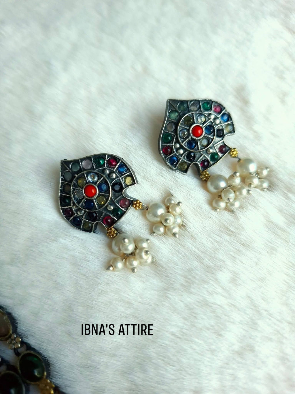 German Silver Multi-Color Gemstone Long Haram Necklace & Pearl Stud Earrings Set | Dual-Tone Antique Tribal Cylindrical Amulet Box Pendant Jewelry Set