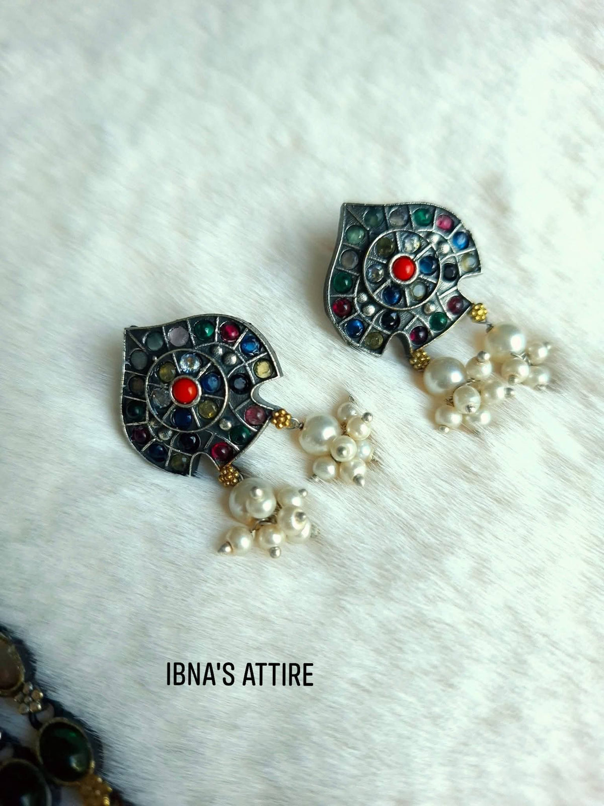 German Silver Multi-Color Gemstone Long Haram Necklace & Pearl Stud Earrings Set | Dual-Tone Antique Tribal Cylindrical Amulet Box Pendant Jewelry Set