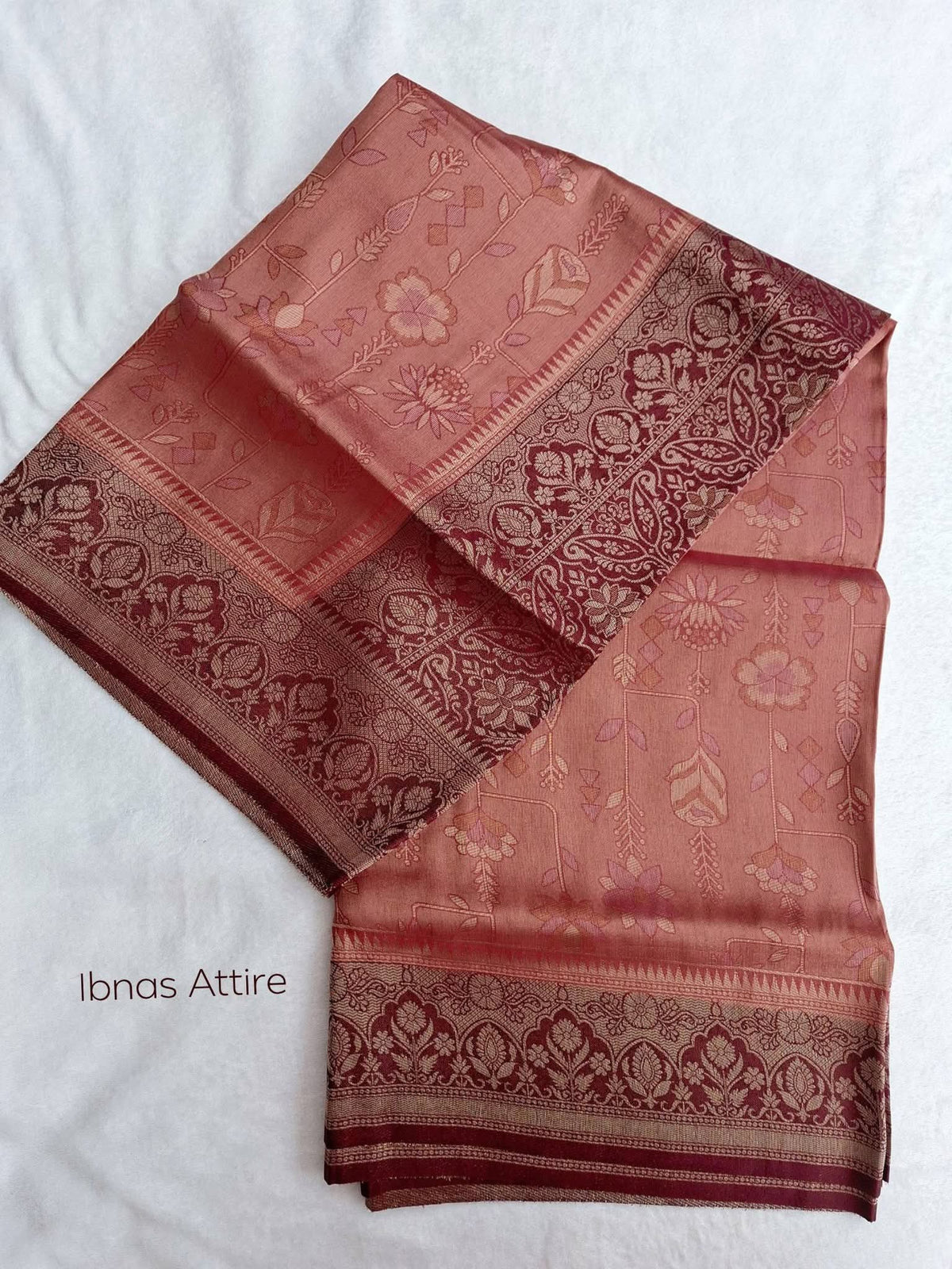 Soft Silk Banarasi Style Saree with All-Over Floral Jacquard Weave & Rich Pallu (6.30m) | Rose Gold & Wine Maroon Contrast Saree with Unstitched Blouse Piece