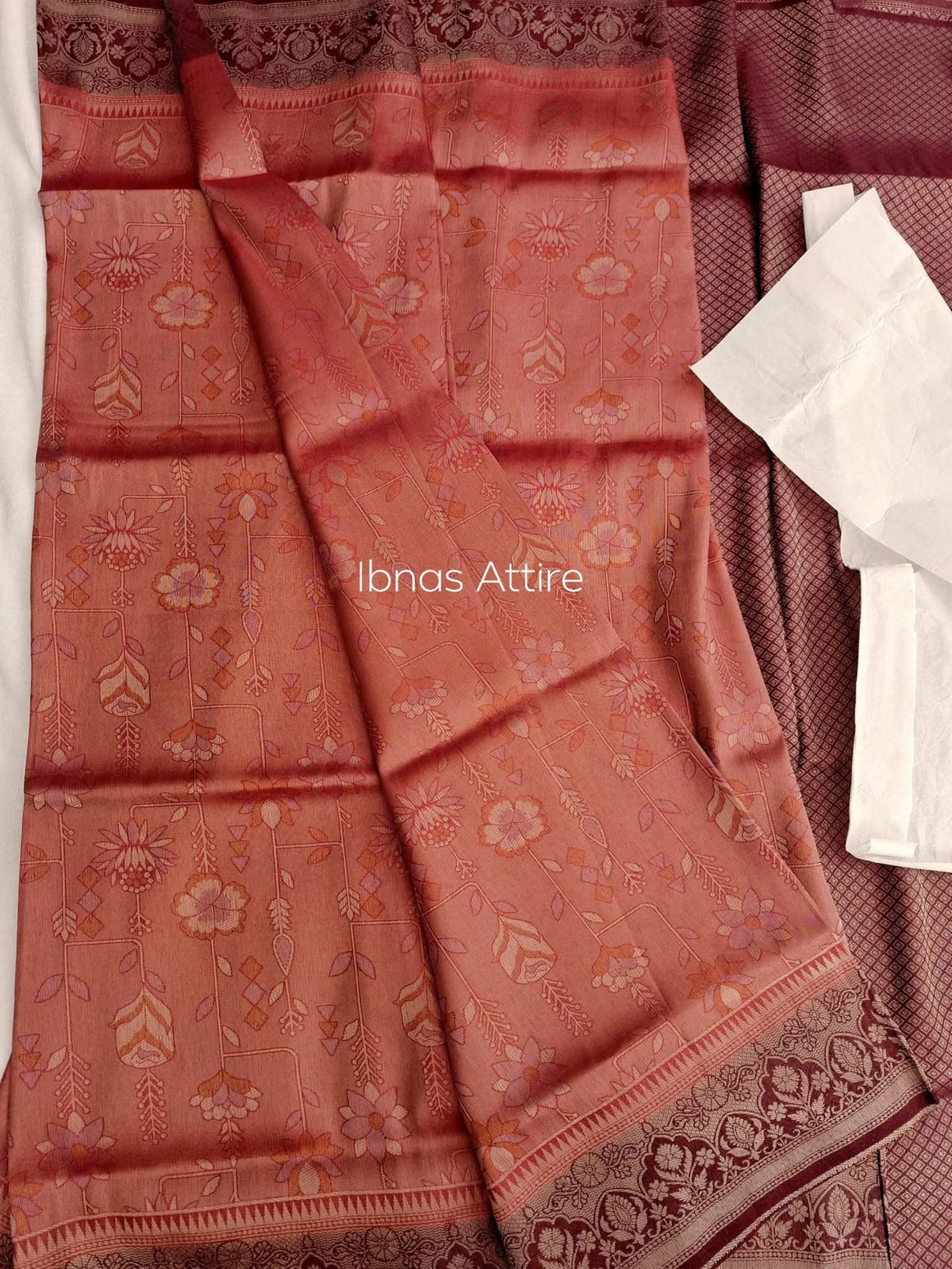Soft Silk Banarasi Style Saree with All-Over Floral Jacquard Weave & Rich Pallu (6.30m) | Rose Gold & Wine Maroon Contrast Saree with Unstitched Blouse Piece