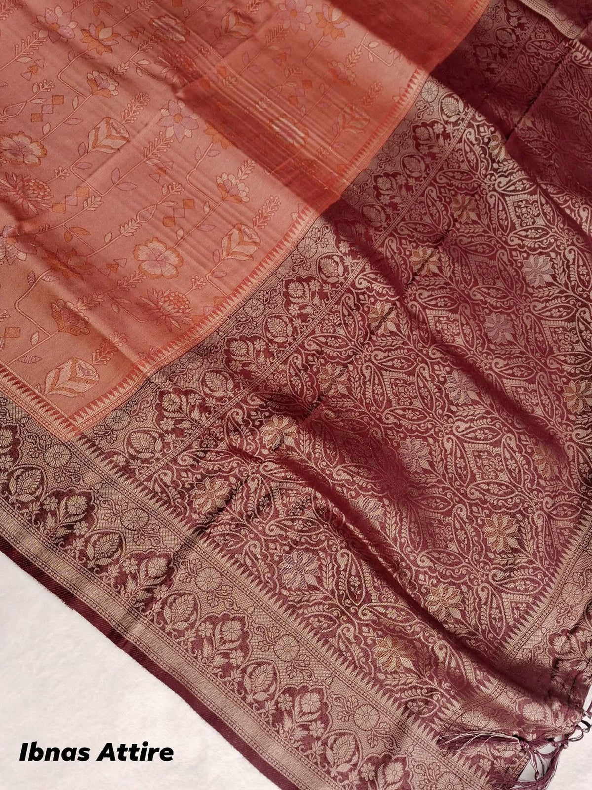 Soft Silk Banarasi Style Saree with All-Over Floral Jacquard Weave & Rich Pallu (6.30m) | Rose Gold & Wine Maroon Contrast Saree with Unstitched Blouse Piece