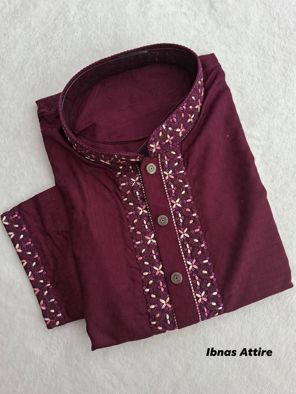 Men's Classic Plum Maroon Soft Pure Cotton Panjabi with Cut Thread & Sequin Embroidery (Sizes 42, 46, 48)