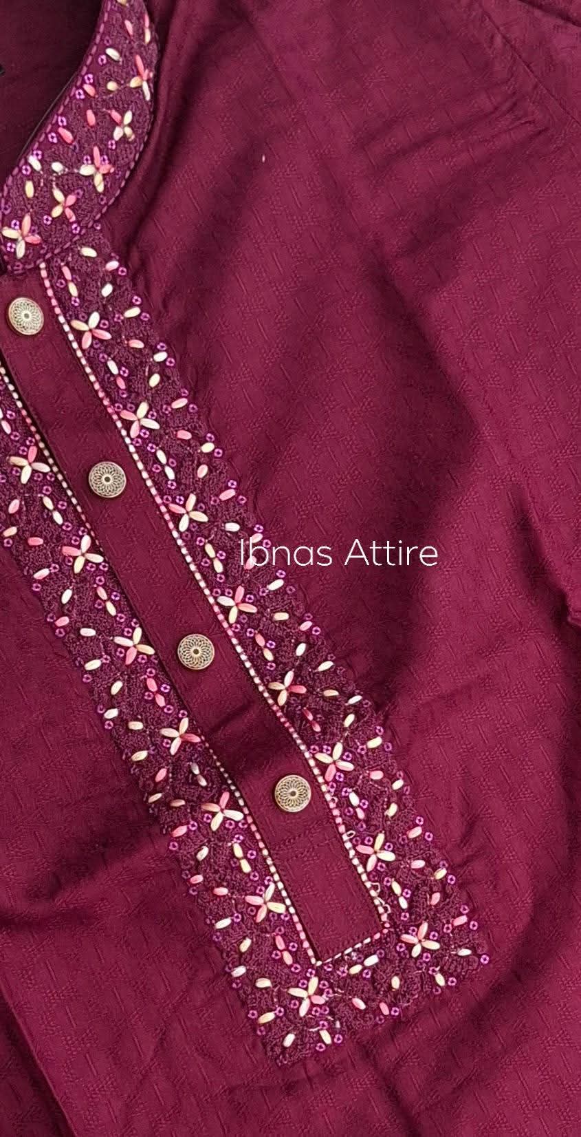 Men's Classic Plum Maroon Soft Pure Cotton Panjabi with Cut Thread & Sequin Embroidery (Sizes 42, 46, 48)