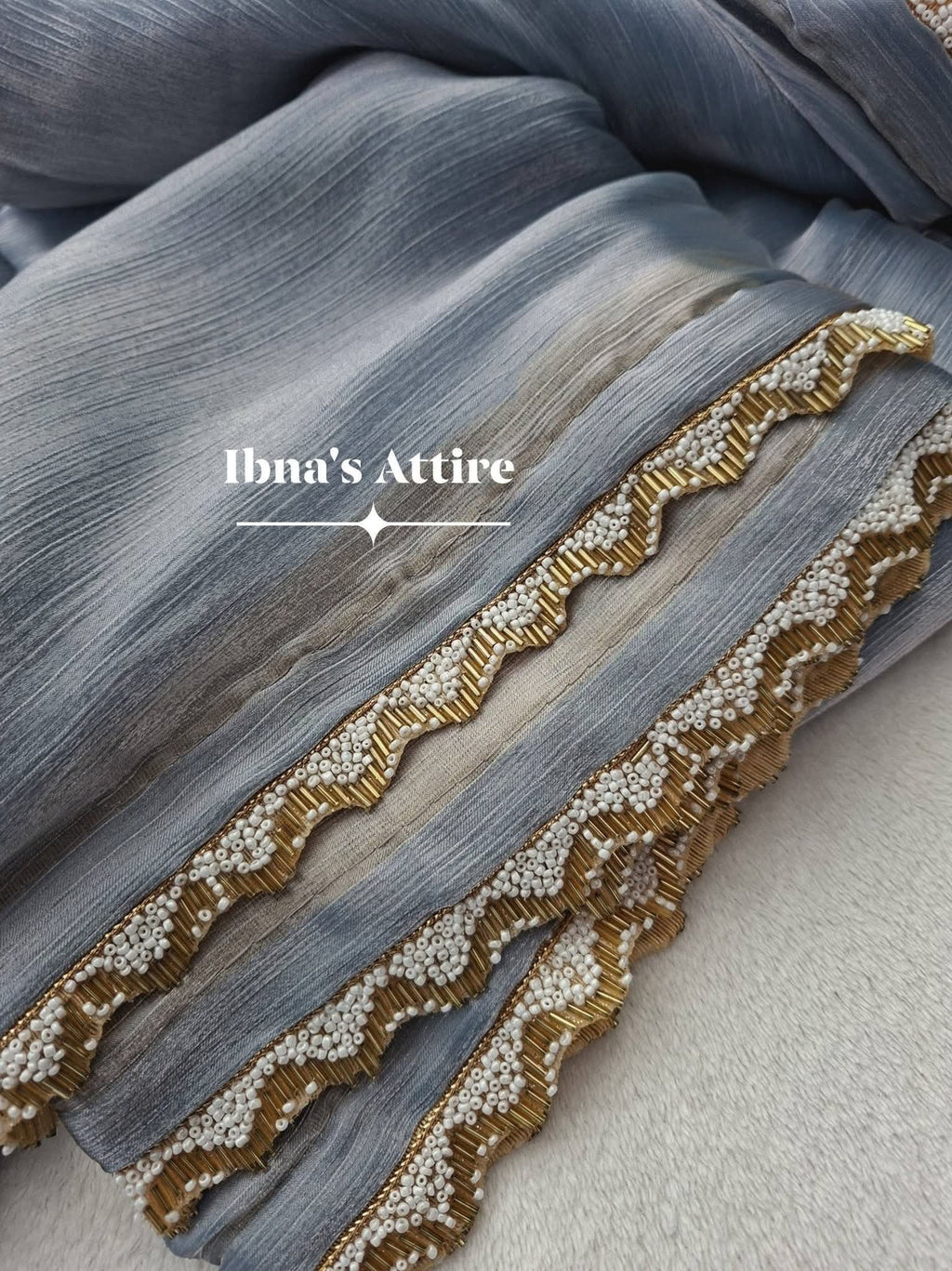 Premium Slate Grey Two-Tone Glass Tissue Silk Saree with Gold Pearl Cut-Work Border & Readymade Embroidered Net Blouse (Size 40)