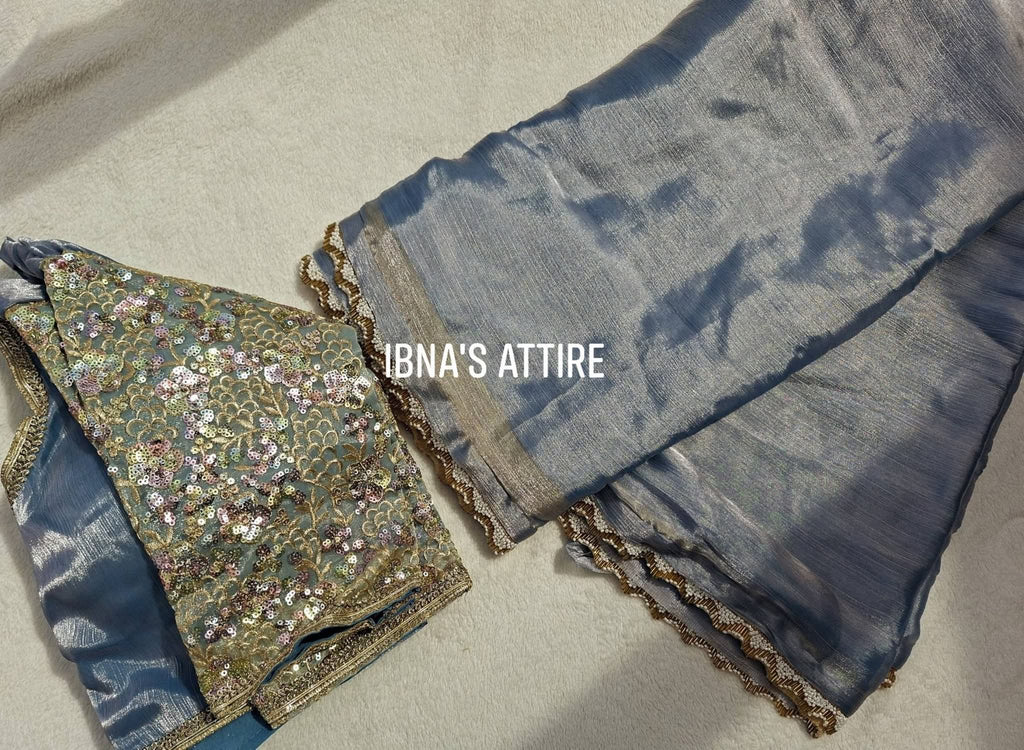 Premium Slate Grey Two-Tone Glass Tissue Silk Saree with Gold Pearl Cut-Work Border & Readymade Embroidered Net Blouse (Size 40)