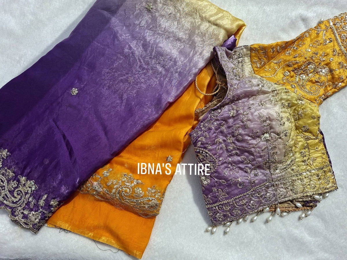 Vibrant Mustard Yellow & Purple Dual-Tone Fenty Satin Padding Saree with 3mm Sequin Embroidered Heavy Border & Readymade Blouse (Size 40)