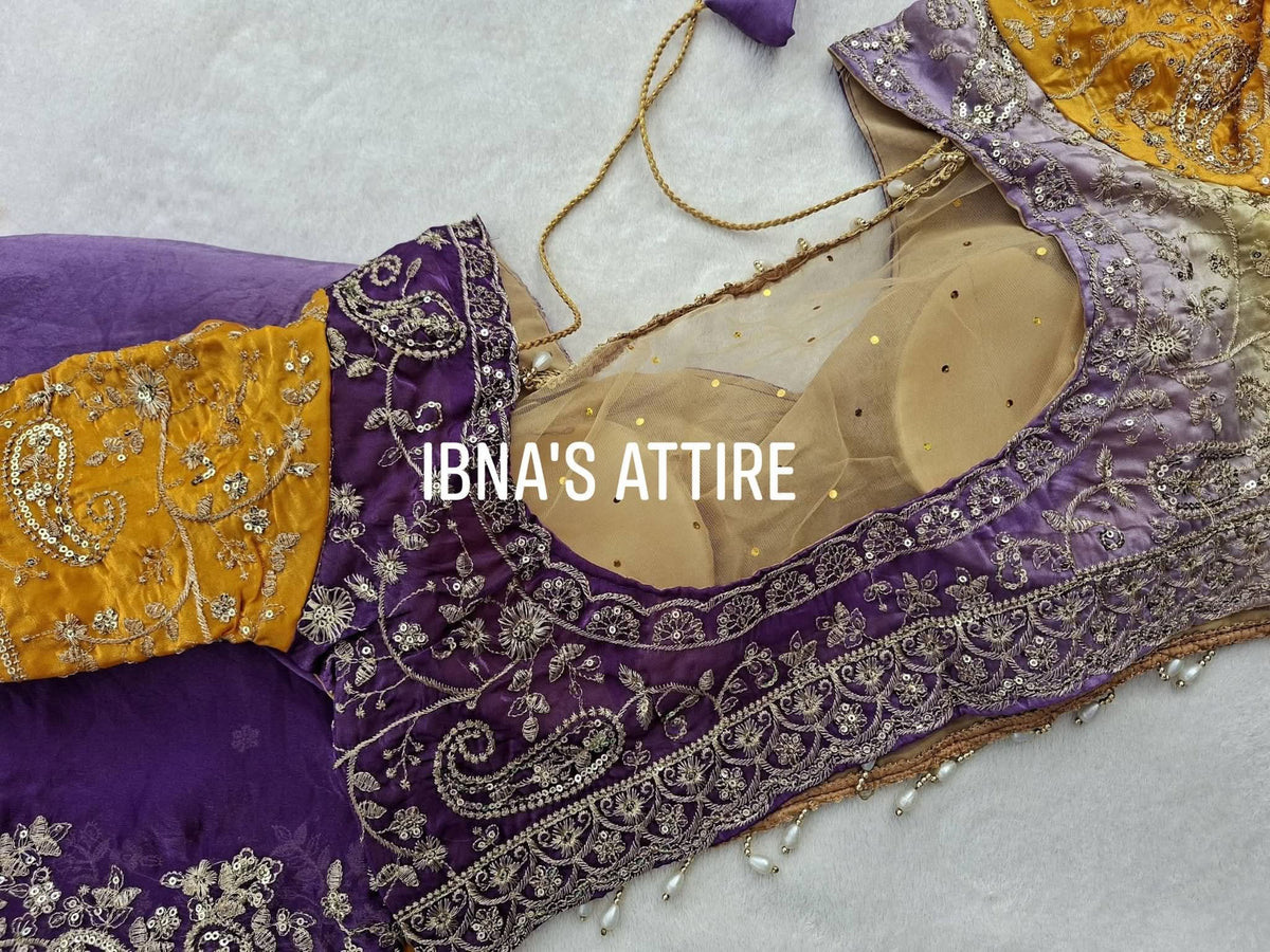 Vibrant Mustard Yellow & Purple Dual-Tone Fenty Satin Padding Saree with 3mm Sequin Embroidered Heavy Border & Readymade Blouse (Size 40)