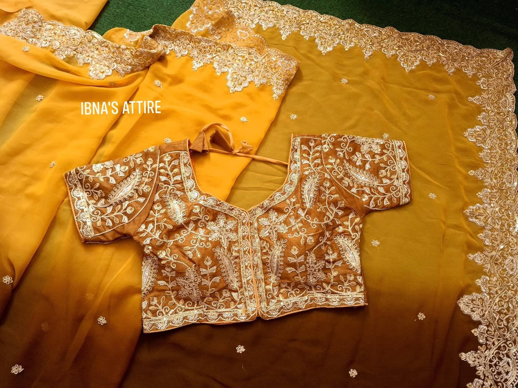 Mustard Yellow & Olive Brown Dual-Tone Soft Georgette Padding Saree with 3mm Sequin & Coding Embroidery Heavy Border | Readymade Gold Embroidered Blouse (Size 34)