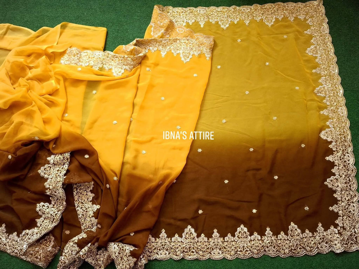 Mustard Yellow & Olive Brown Dual-Tone Soft Georgette Padding Saree with 3mm Sequin & Coding Embroidery Heavy Border | Readymade Gold Embroidered Blouse (Size 34)