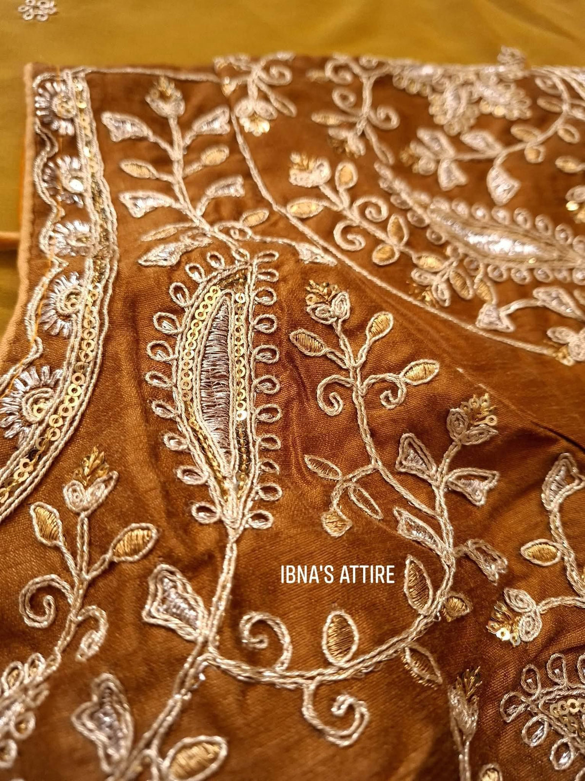 Mustard Yellow & Olive Brown Dual-Tone Soft Georgette Padding Saree with 3mm Sequin & Coding Embroidery Heavy Border | Readymade Gold Embroidered Blouse (Size 34)