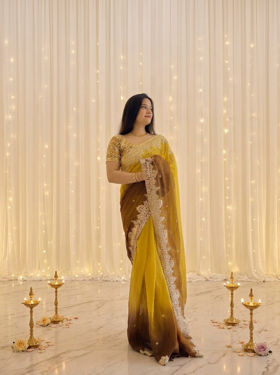 Mustard Yellow & Olive Brown Dual-Tone Soft Georgette Padding Saree with 3mm Sequin & Coding Embroidery Heavy Border | Readymade Gold Embroidered Blouse (Size 34)