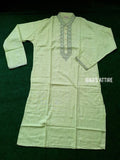Flat lay and detailed close-up photos of a light green pinstriped soft cotton panjabi featuring intricate embroidery on the mandarin collar, placket, and sleeve cuffs over a dark green background.