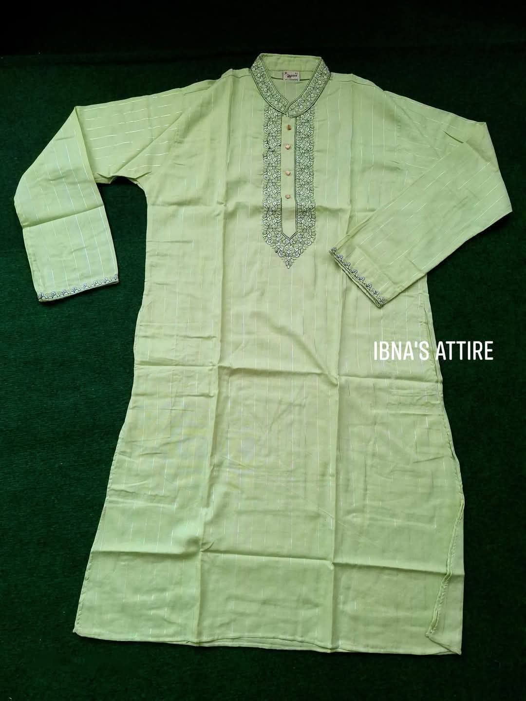 Flat lay and detailed close-up photos of a light green pinstriped soft cotton panjabi featuring intricate embroidery on the mandarin collar, placket, and sleeve cuffs over a dark green background.