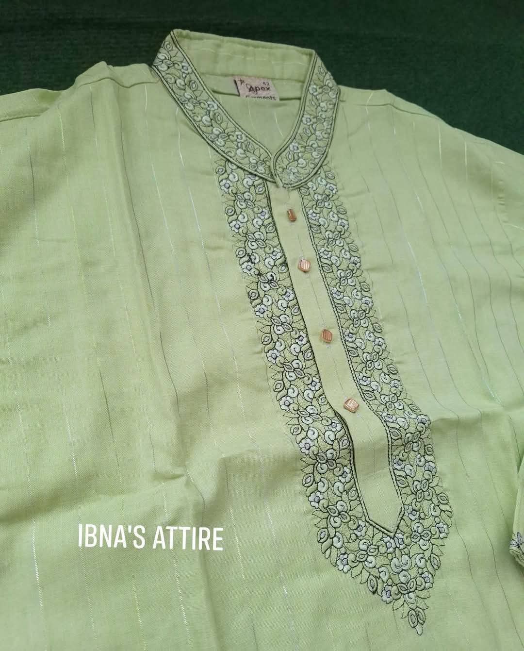 Men's Pastel Pistachio Light Green Soft Pure Cotton Embroidered Panjabi (Size 40)