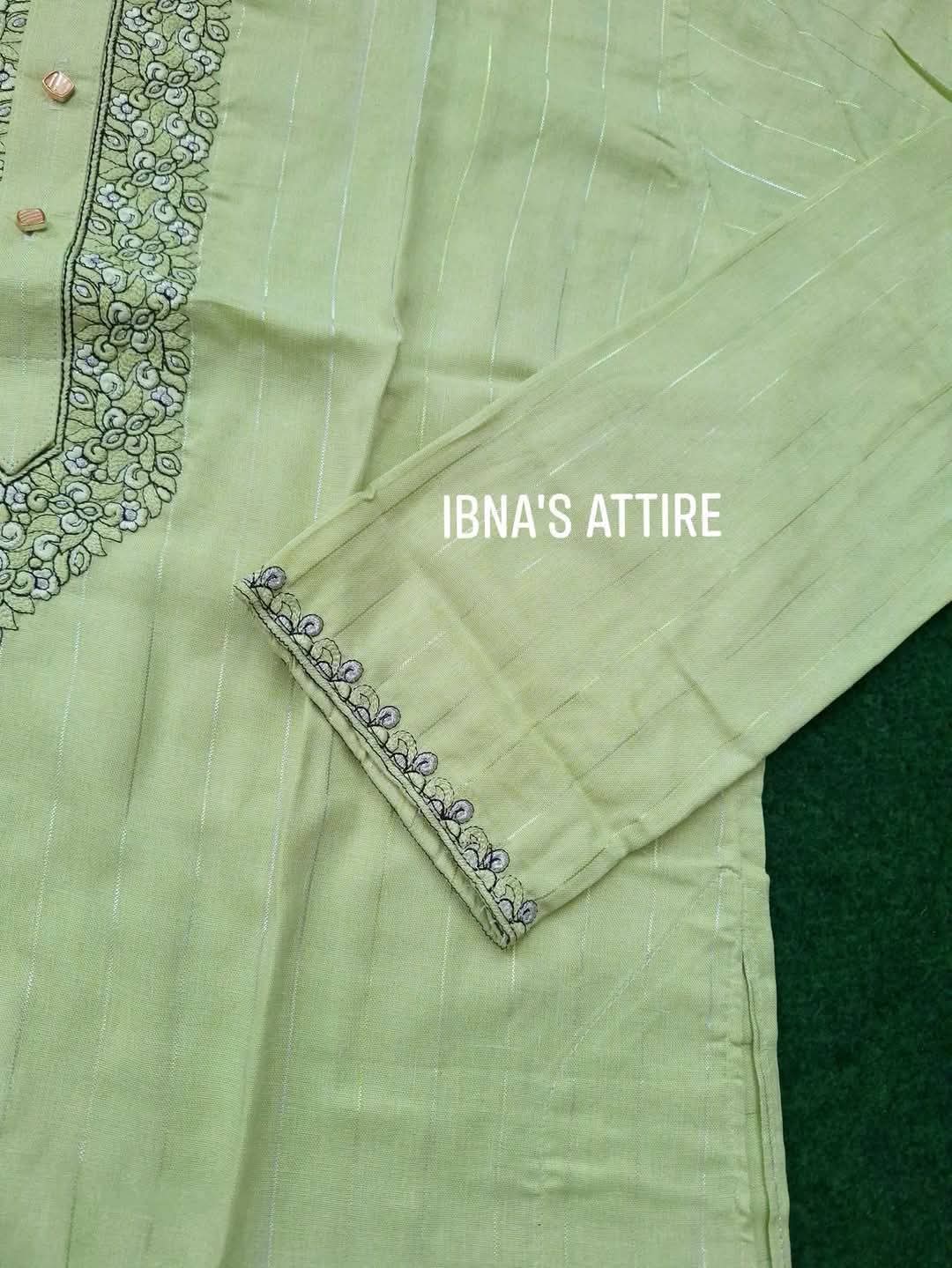 Men's Pastel Pistachio Light Green Soft Pure Cotton Embroidered Panjabi (Size 40)