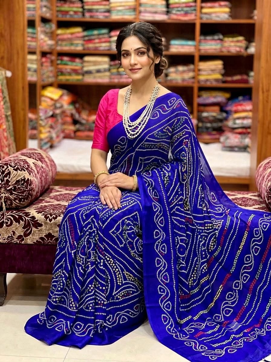 Exclusive Royal Blue Bandhani Pure Gajji Silk Saree with Traditional Dot Motifs