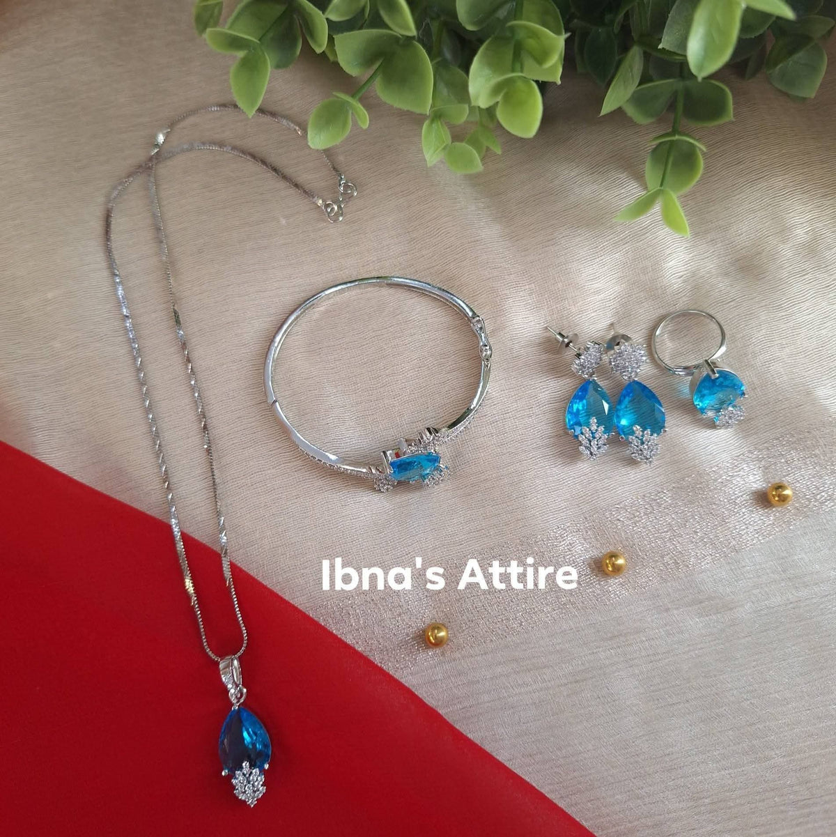 Rhodium Polish Aqua Blue Monalisa Stone & American Diamond 4-Piece Jewelry Set | Delicate Crystal Pendant Necklace, Bracelet, Earrings & Adjustable Ring