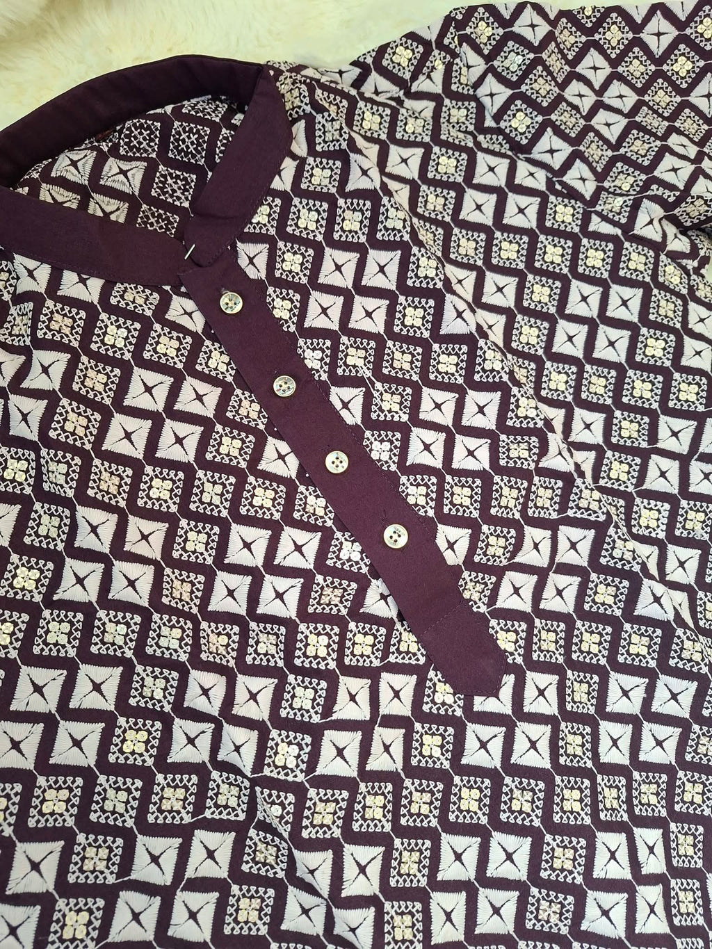 Men's Burgundy Soft Silk Embroidered Kurta Panjabi | All-Over White Threadwork & Sequin Geometric Motif Kurta (Size 42 )