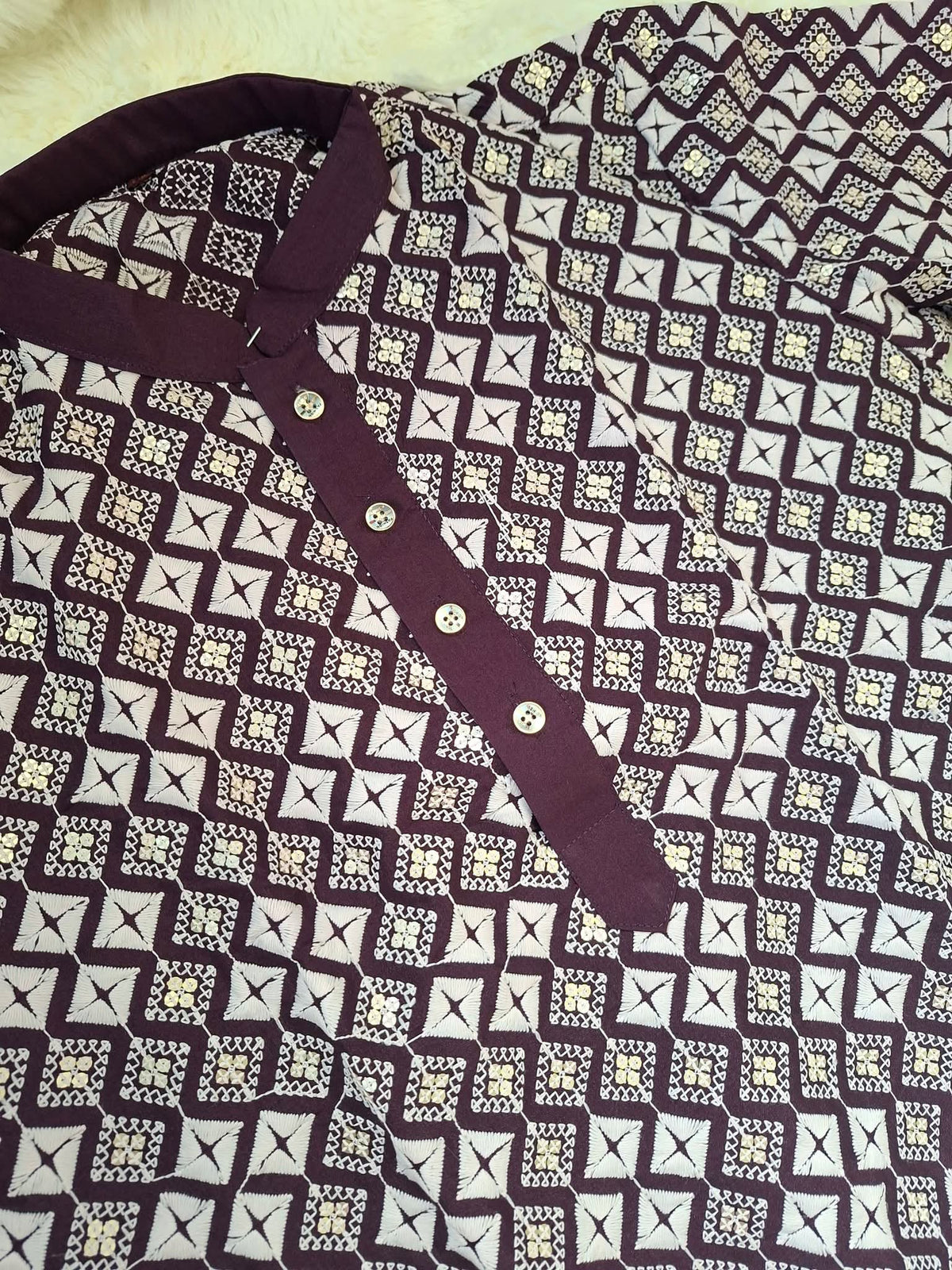 Men's Burgundy Soft Silk Embroidered Kurta Panjabi | All-Over White Threadwork & Sequin Geometric Motif Kurta (Size 42 )