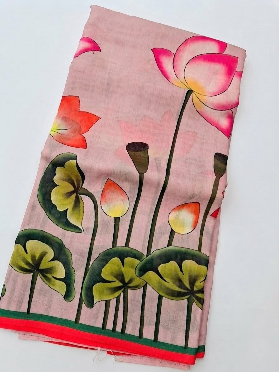 Digital Printed Linen Saree with Running Blouse Piece