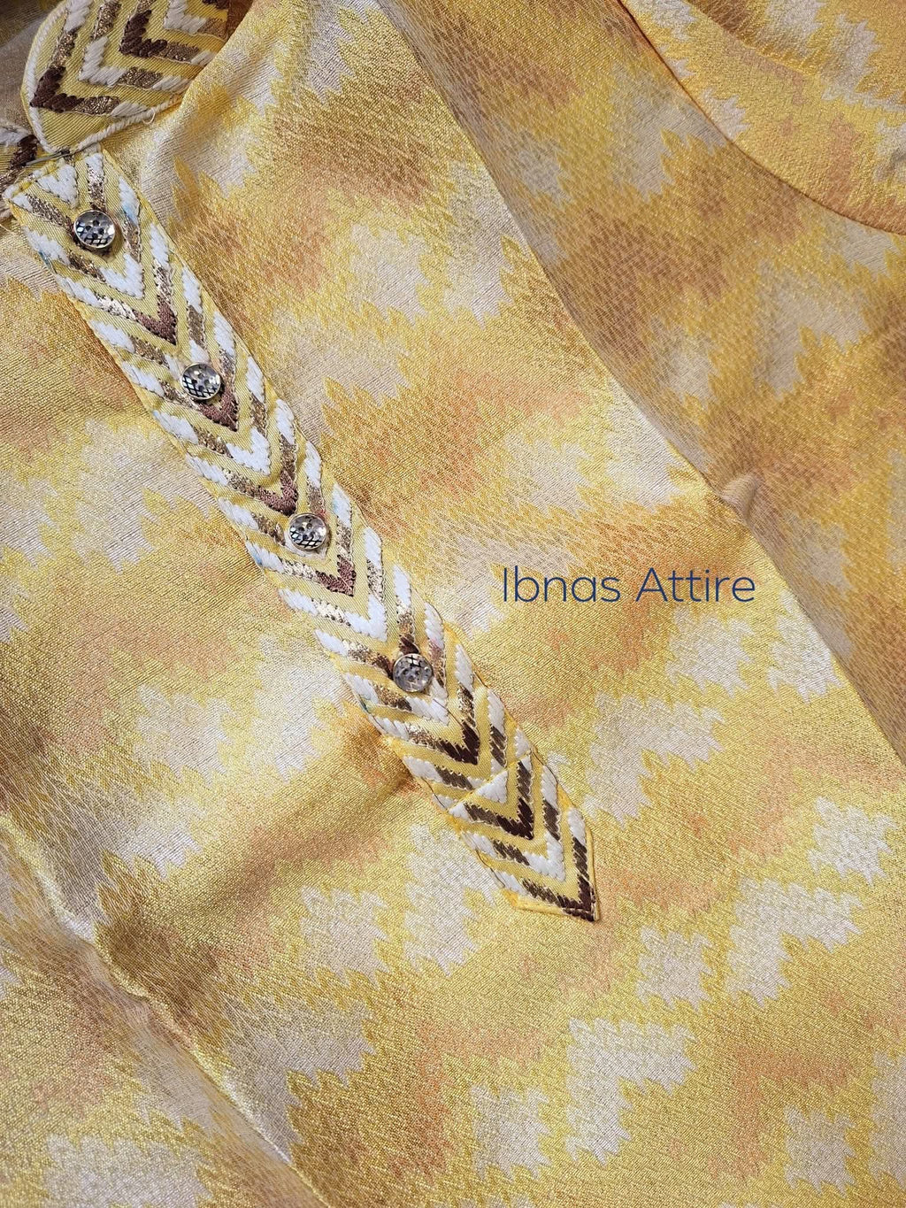 Men's Designer Jacquard Silk Kurta | Golden Yellow Textured Ethnic Wear Kurta with Embroidered Neck (Size 40)