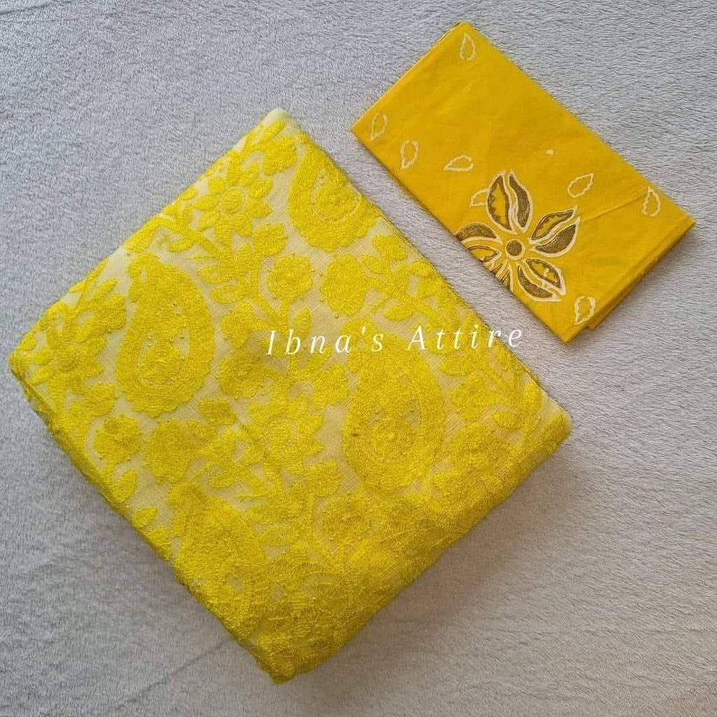 Pure Kota Saree with All-Over Lucknowi Chikankari Work & Cotton Block Printed Blouse Piece