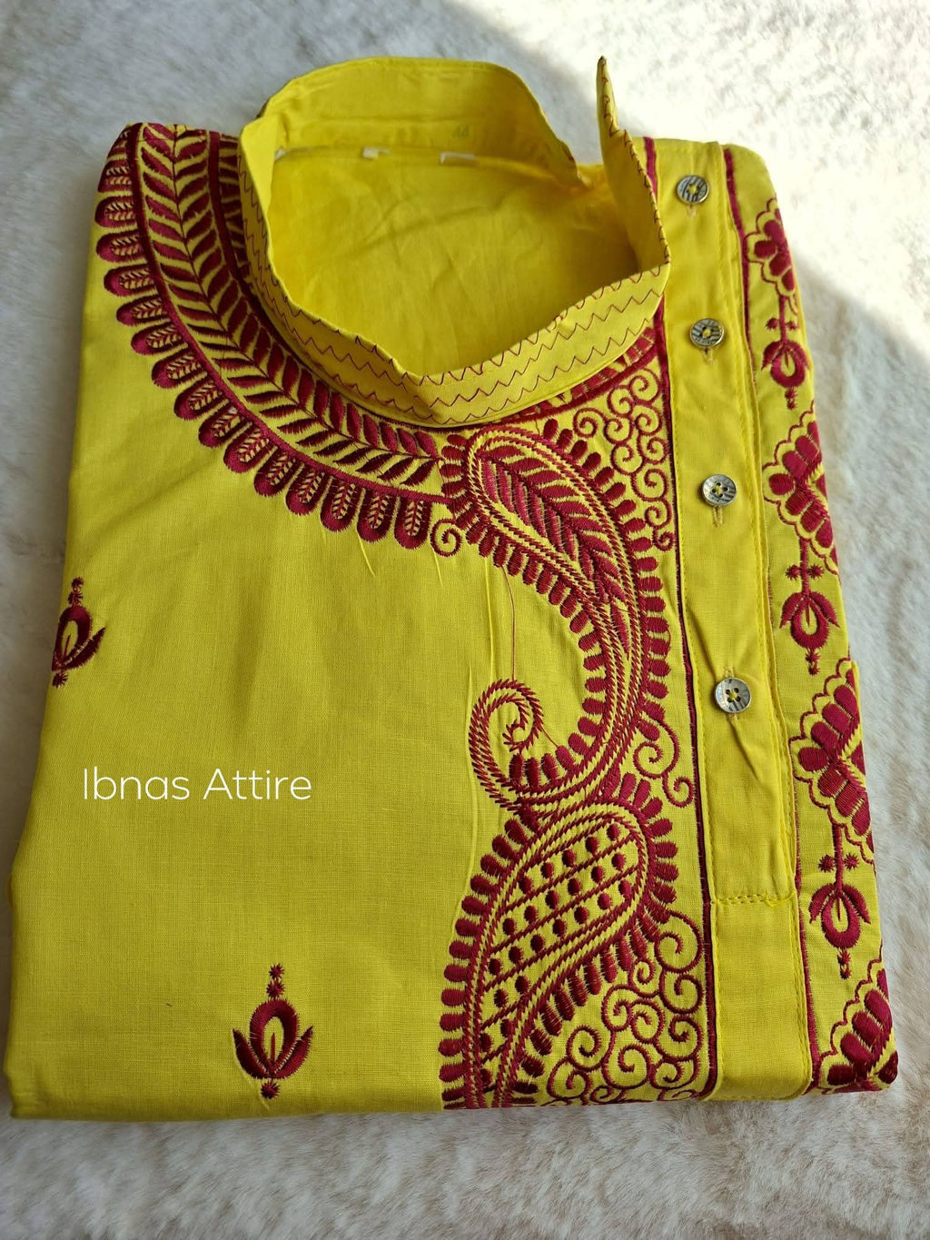 Pure Soft Cotton Embroidery Work Men's Panjabi | Lemon Yellow Traditional Ethnic Wear (Loose Fit, Size 44)