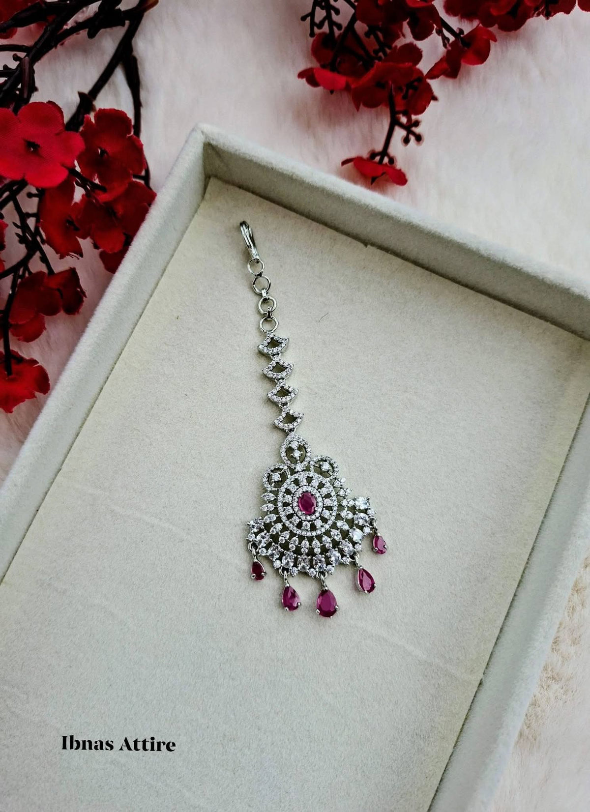 American Diamond Maang Tikka with Ruby Accents | Silver Finish Designer Headpiece