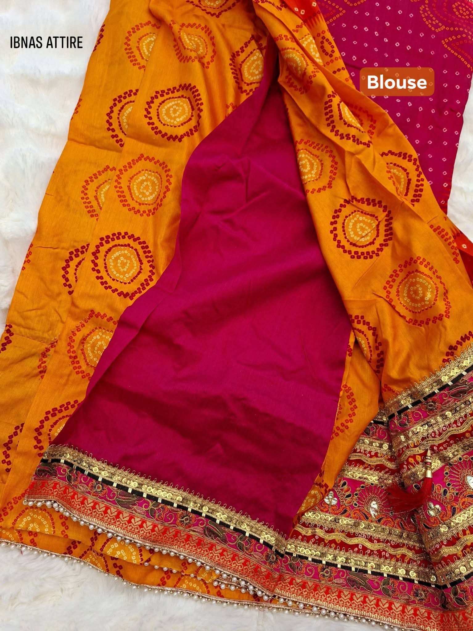 Heavy Dolla Silk Bandhej Print Saree with Gota-Patti Work- saree with blouse piece.