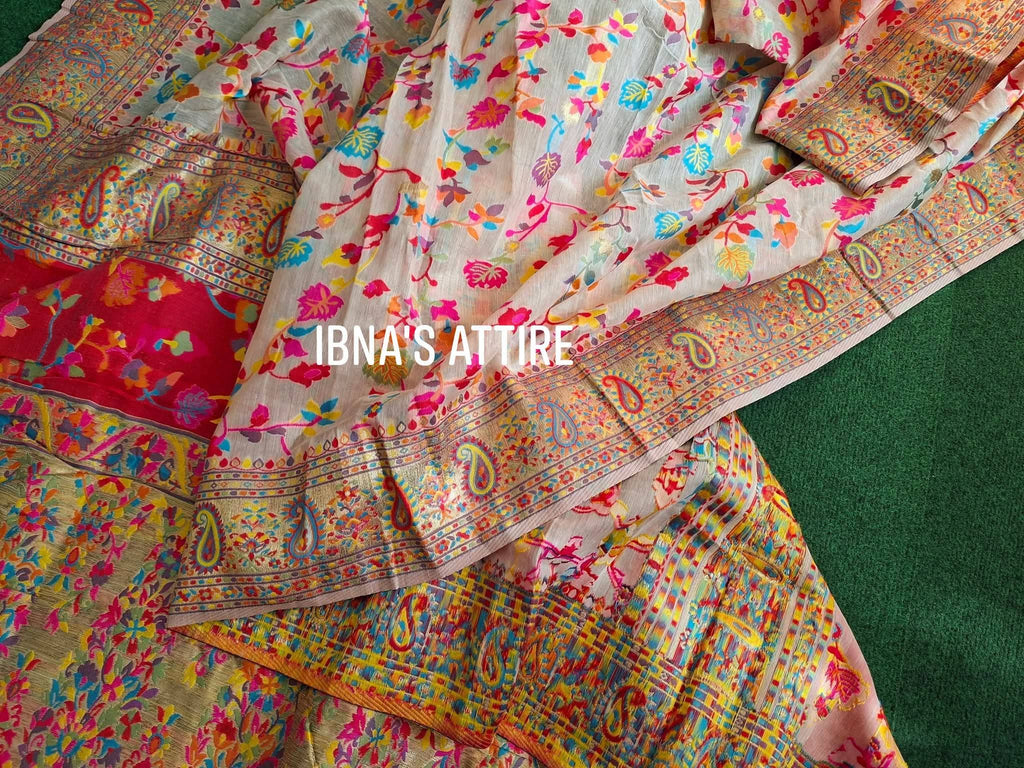 Kashmiri Pashmina All-Over Multicolor Thread Woven Saree with Blouse Piece