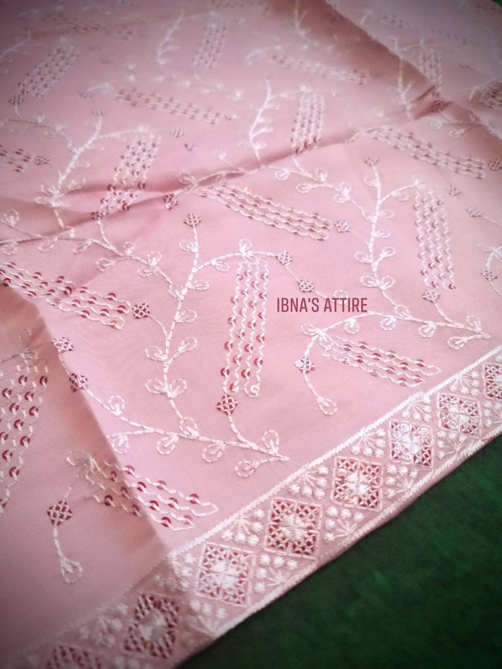 Roman Silk Chikan Kari Sequence Work 3-Piece Suit | Elegant Pink Designer Ensemble (size-38)