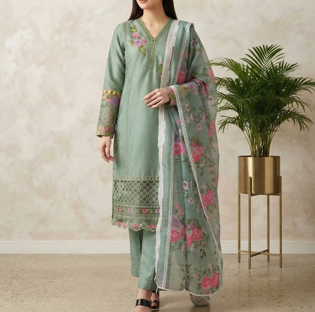 Model standing in a sage green embroidered lawn kameez with matching trousers and a printed floral dupatta next to a golden pot plant.Beautiful pastel embroidery that enhances the soft sage green background.