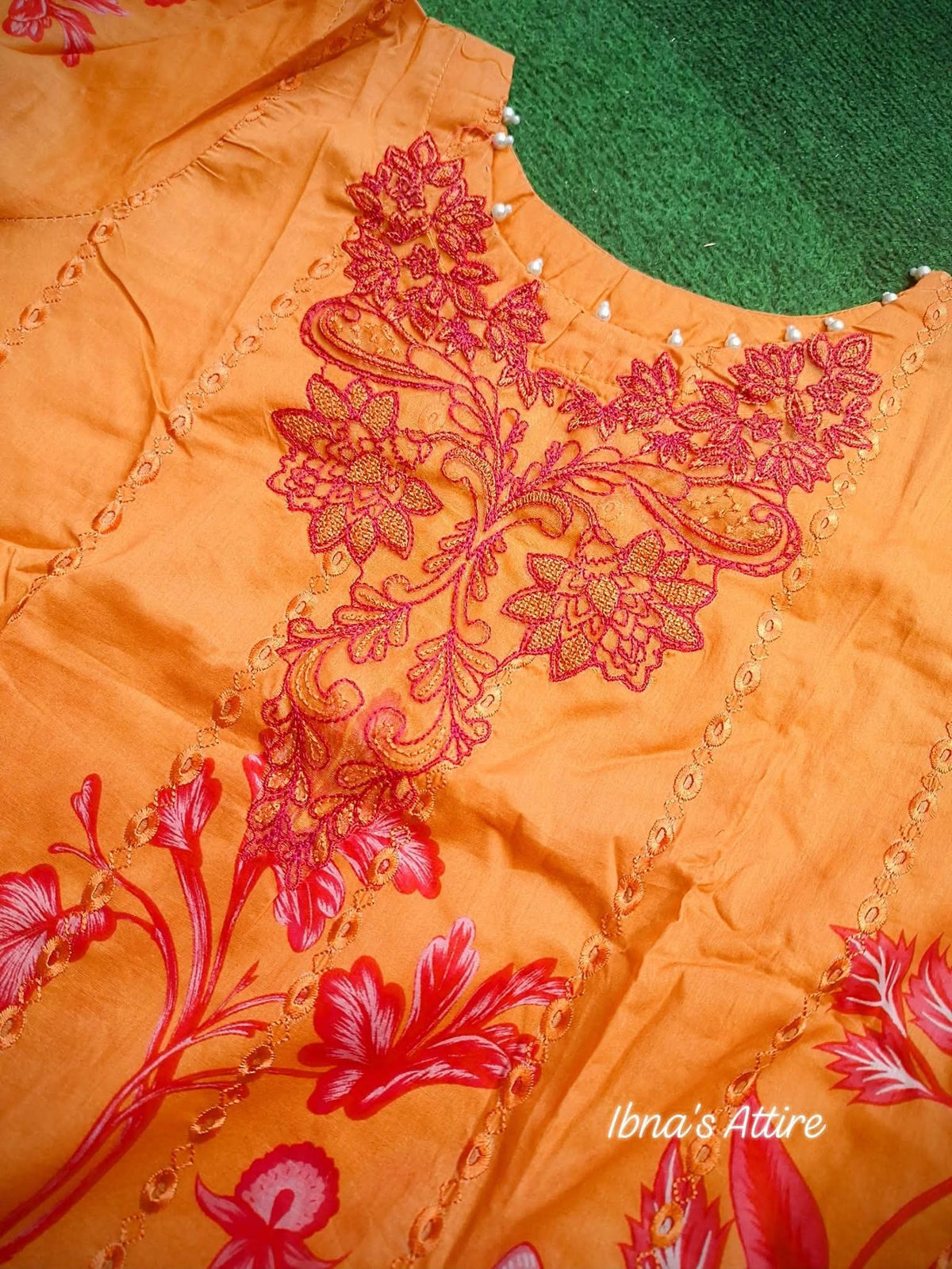 Gull Jee Digital Printed Pure Pakistani Cotton 3-Piece Suit | Orange Embroidered Designer Ethnic Wear (Size-42)