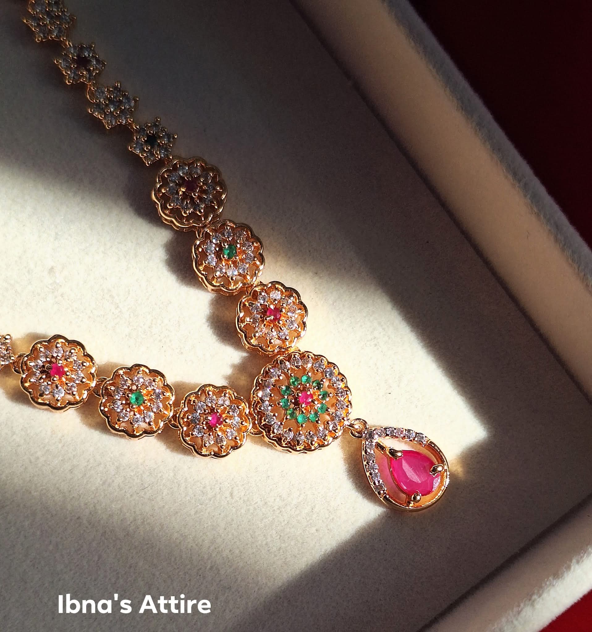 American Diamond Short Necklace with Ruby & Emerald Accent Stones