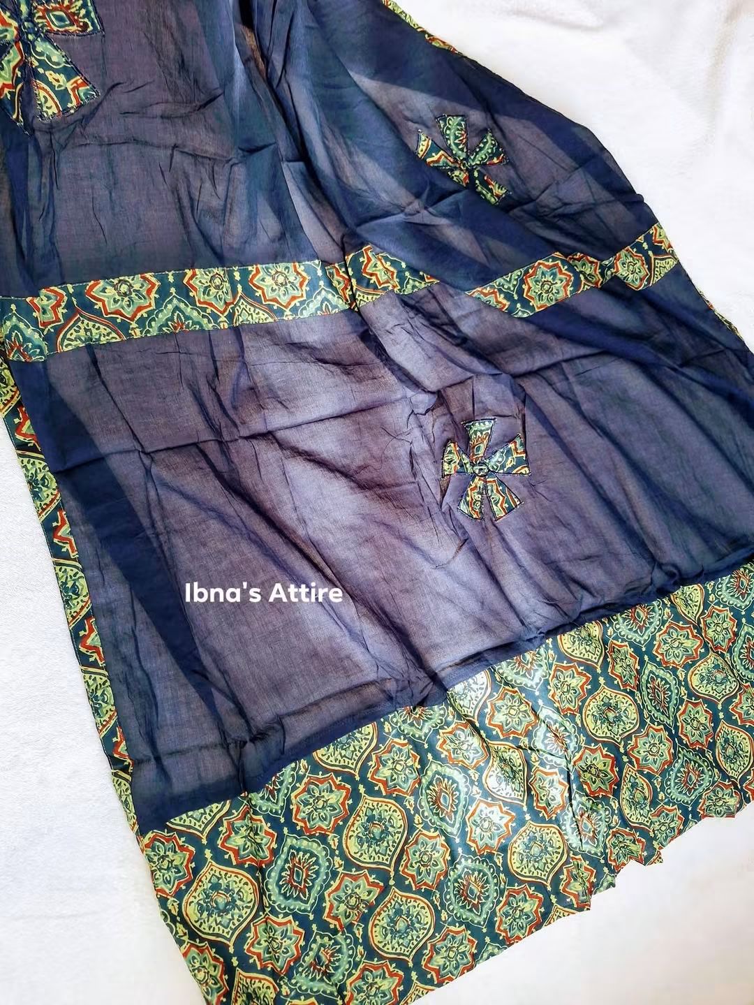 Pure Soft Cotton Ajrak Printed 3-Piece Suit with Applique Work - Green Kurti and Matching Cotton Pant & Dupatta (Size- 46)