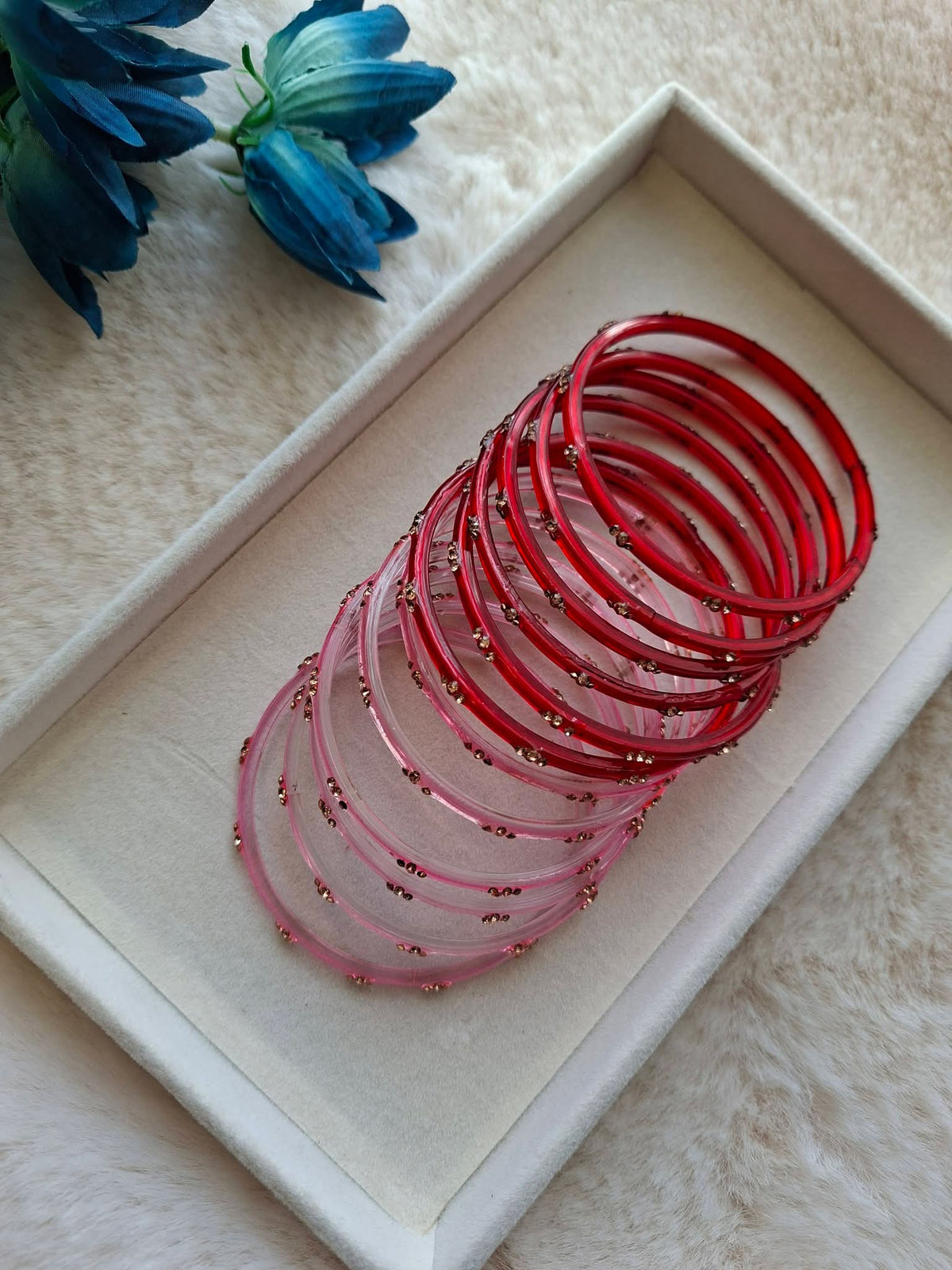 12-Piece Dual-Tone Glass Bangle Stack with Gold Sequin Accents | Blush Baby Pink & Ruby Crimson Red Festive Glass Churi Set (Size 2.8)