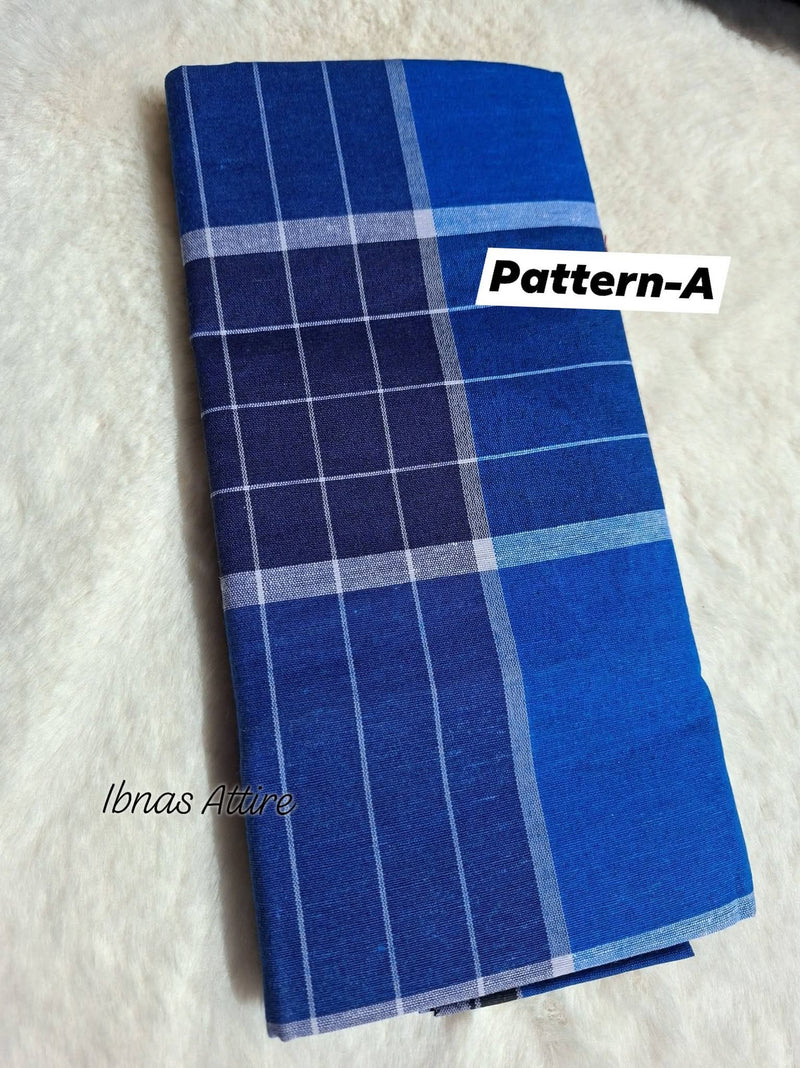 Folded cotton lungi in blue pattern on a whibackground 