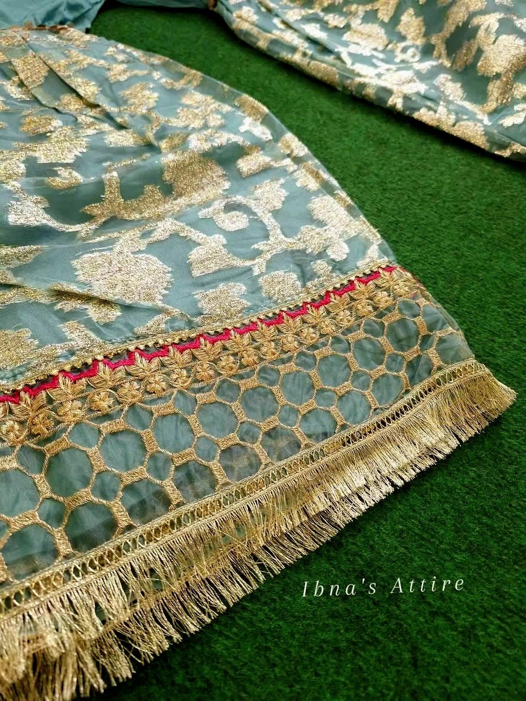 Zahar Rubab Designer Pakistani Eid Outfit | Acqua Blue- Masoor Kurta with Net Dupatta & Banarasi Gharara (Size-42)