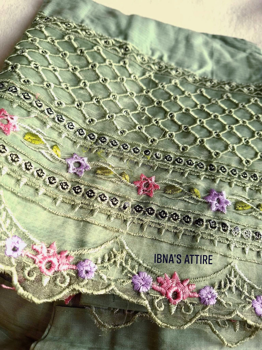 Soft Pakistani Lawn Embroidered 3-Piece Suit | Sage Green Designer Casual Wear (Size-40)