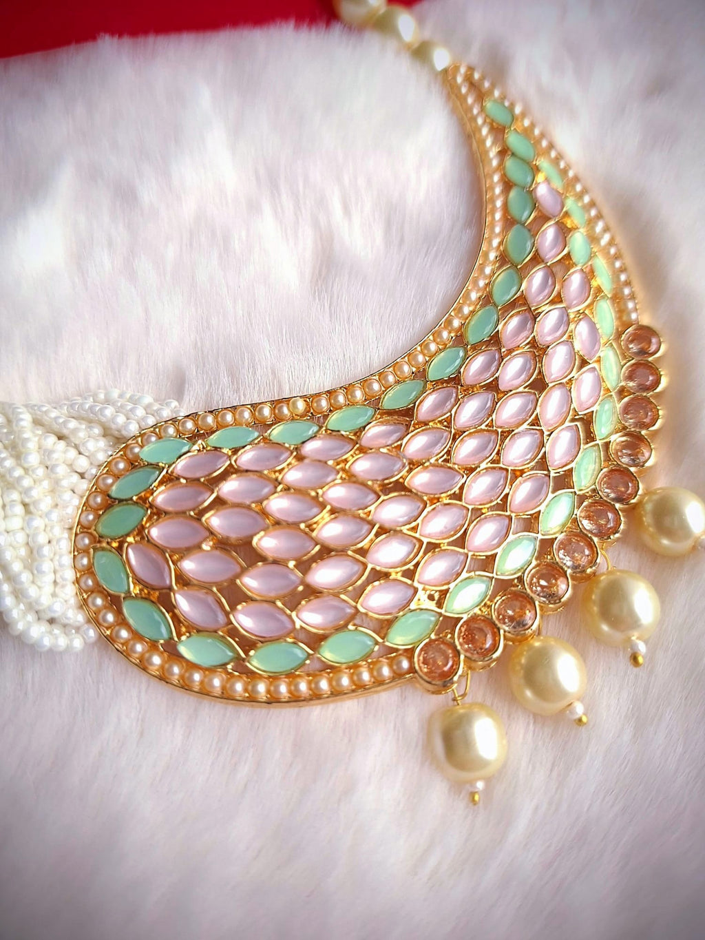 Exquisite Reverse AD Stone Necklace Set with Pearl Strands and Matching Paisley Earrings in Mint Green and Soft Pink