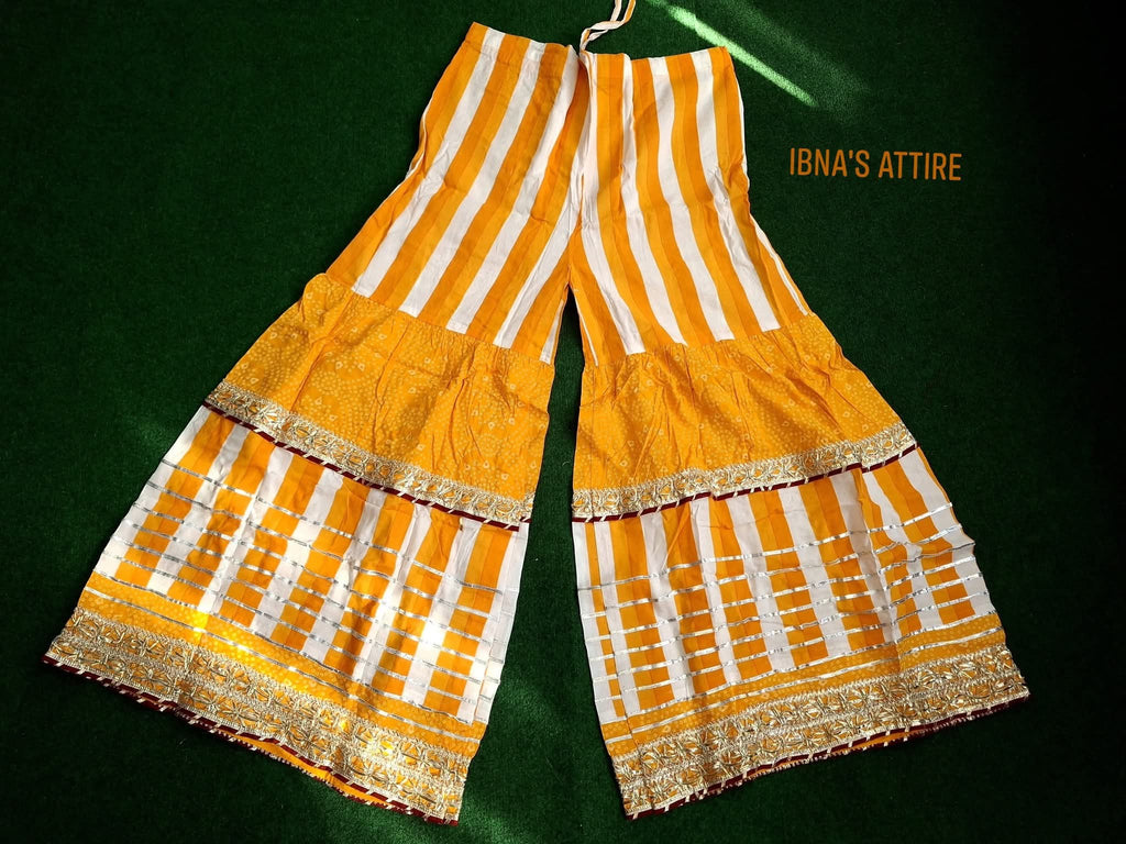 4-Piece Yellow Sharara Suit Set with Zari Embroidery Kurti, Cotton Flared Sharara, Heavy Dupatta & Matching Potli Bag