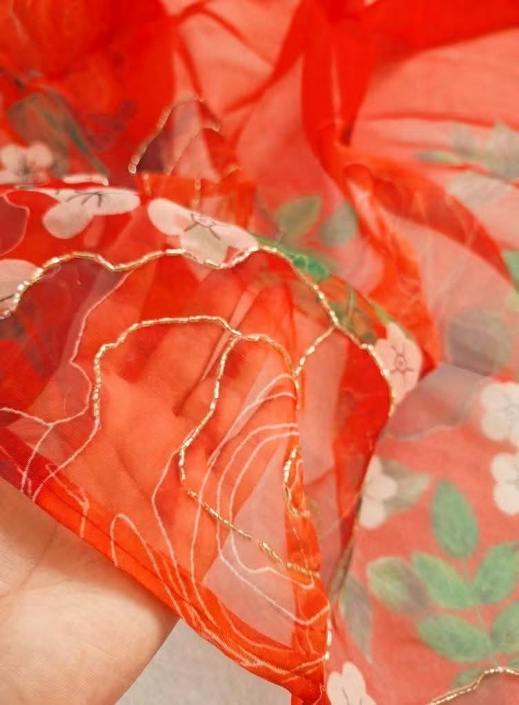 Red Soft Organza Saree | All-Over Floral Print with Kardana Handwork & Bangalory Silk Blouse Piece