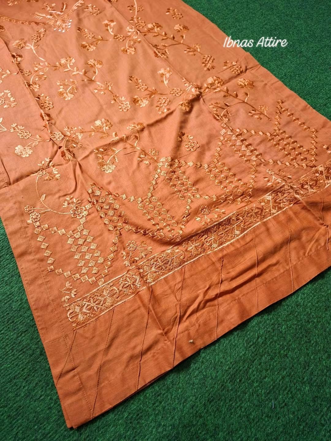 3-Piece Pakistani Lawn Suit in Rust Orange with Front Embroidery, Plain Lawn Pant, and Floral Embroidered Georgette Dupatta (Size- 42)